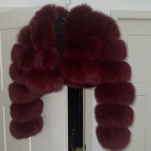 Burgundy faux rabbit mink cropped fur jacket
